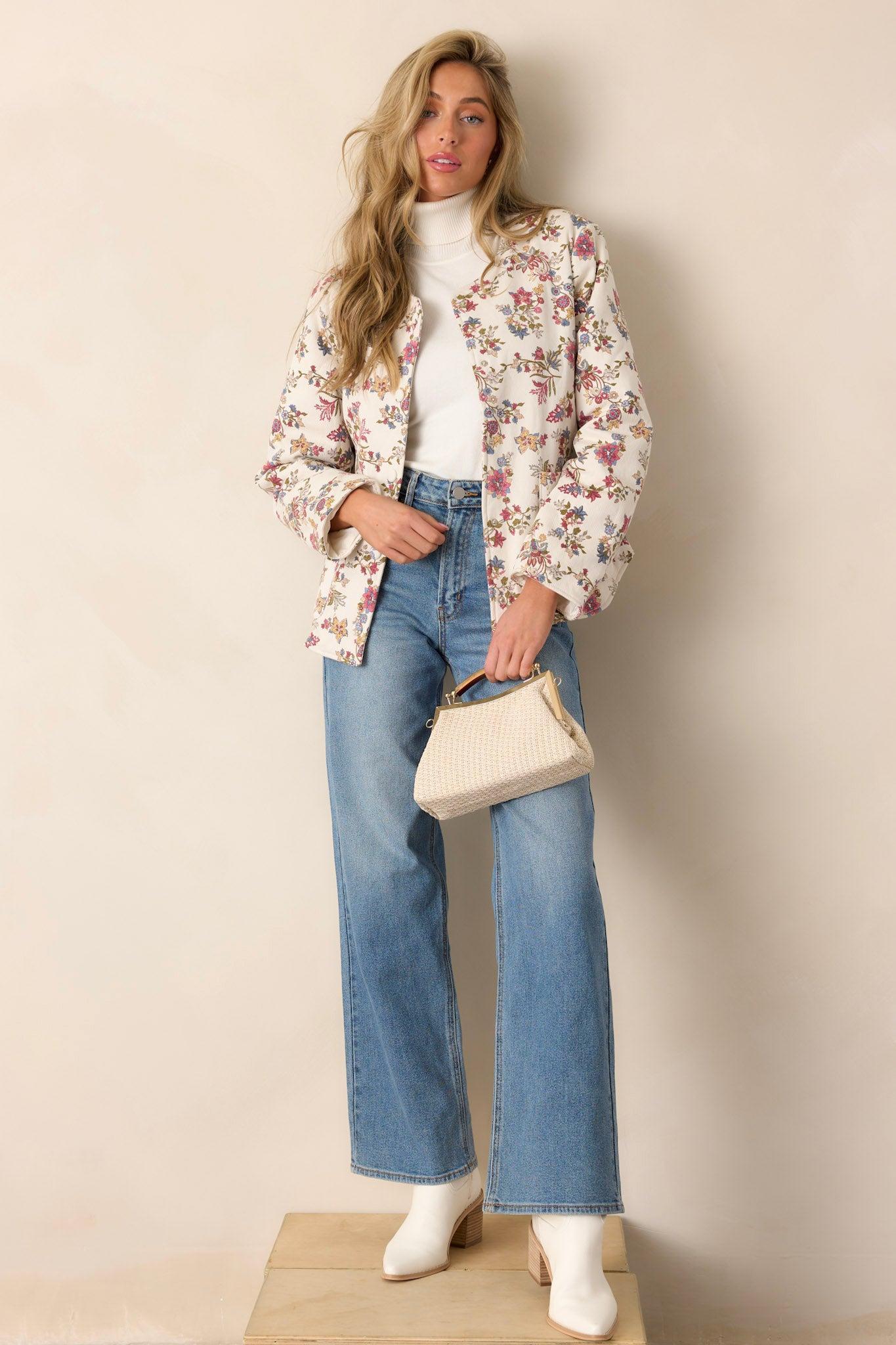 Wild Honey Ivory Floral Crew Neck Denim Jacket Product Image