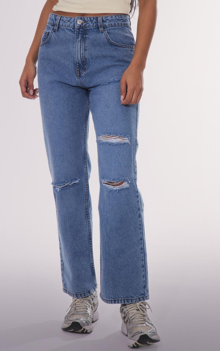 PRETTYLITTLETHING Mid Blue Wash Distressed Straight Leg Jeans Product Image