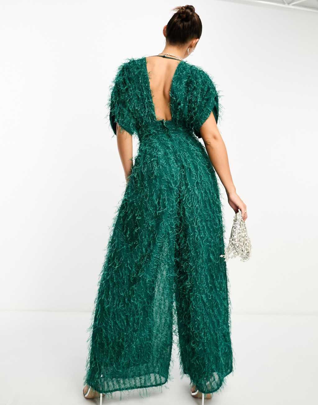 ASOS DESIGN fluffy plunge jumpsuit in green metallic Product Image