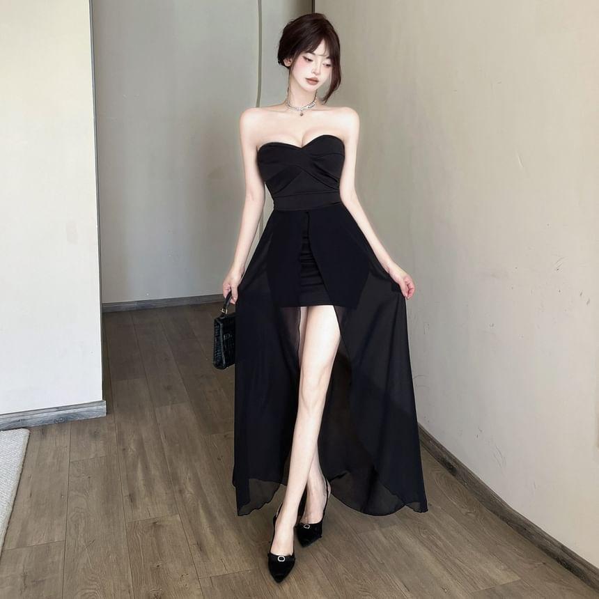 Strapless Plain Slit Midi A-Line Dress Product Image