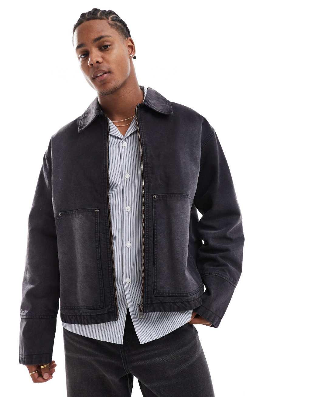 Weekday Alvaro relaxed jacket with front pockets in washed black Product Image