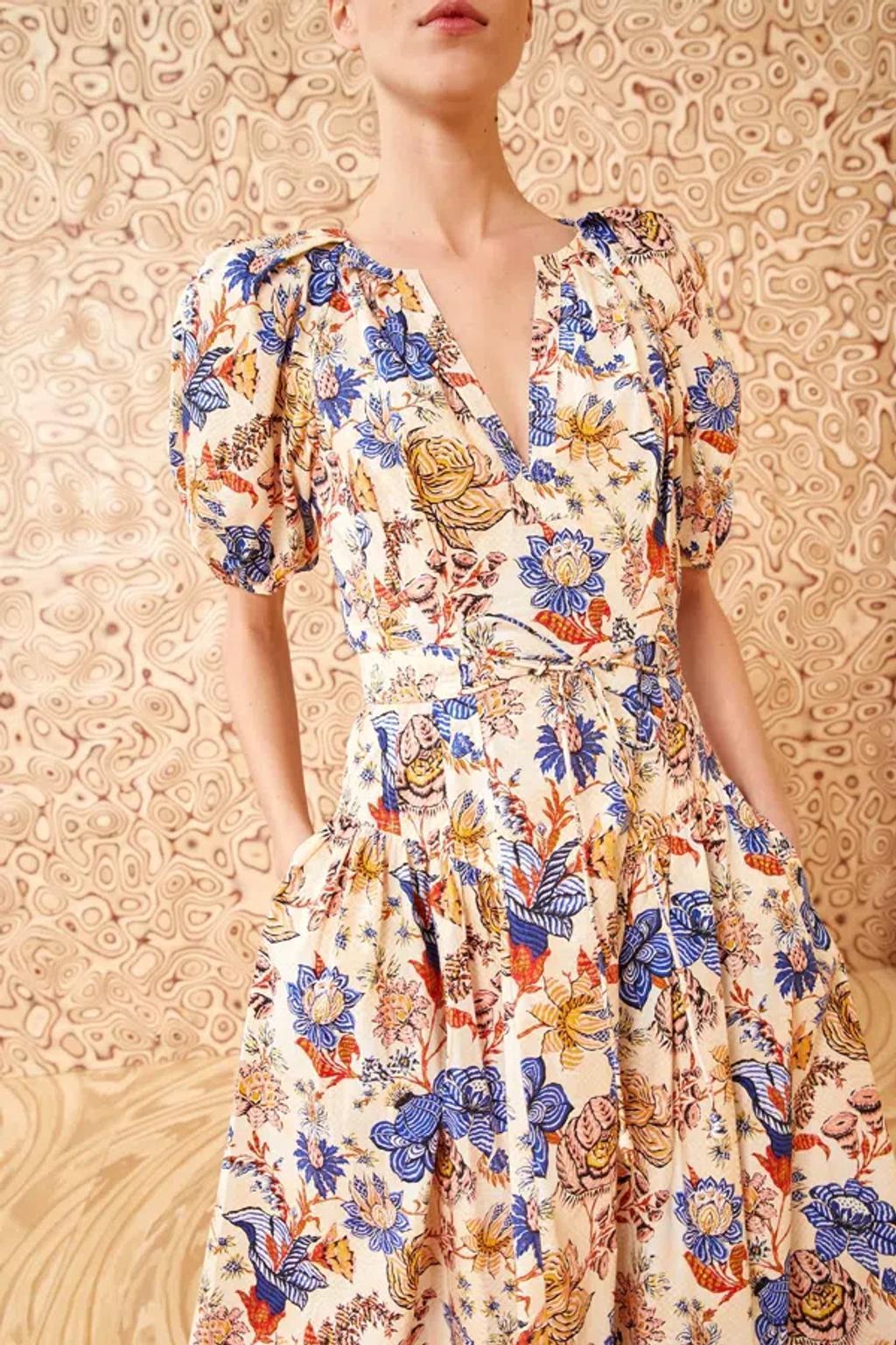 Carina Floral Cotton Poplin Puff-sleeve Midi Dress In Magnolia Product Image