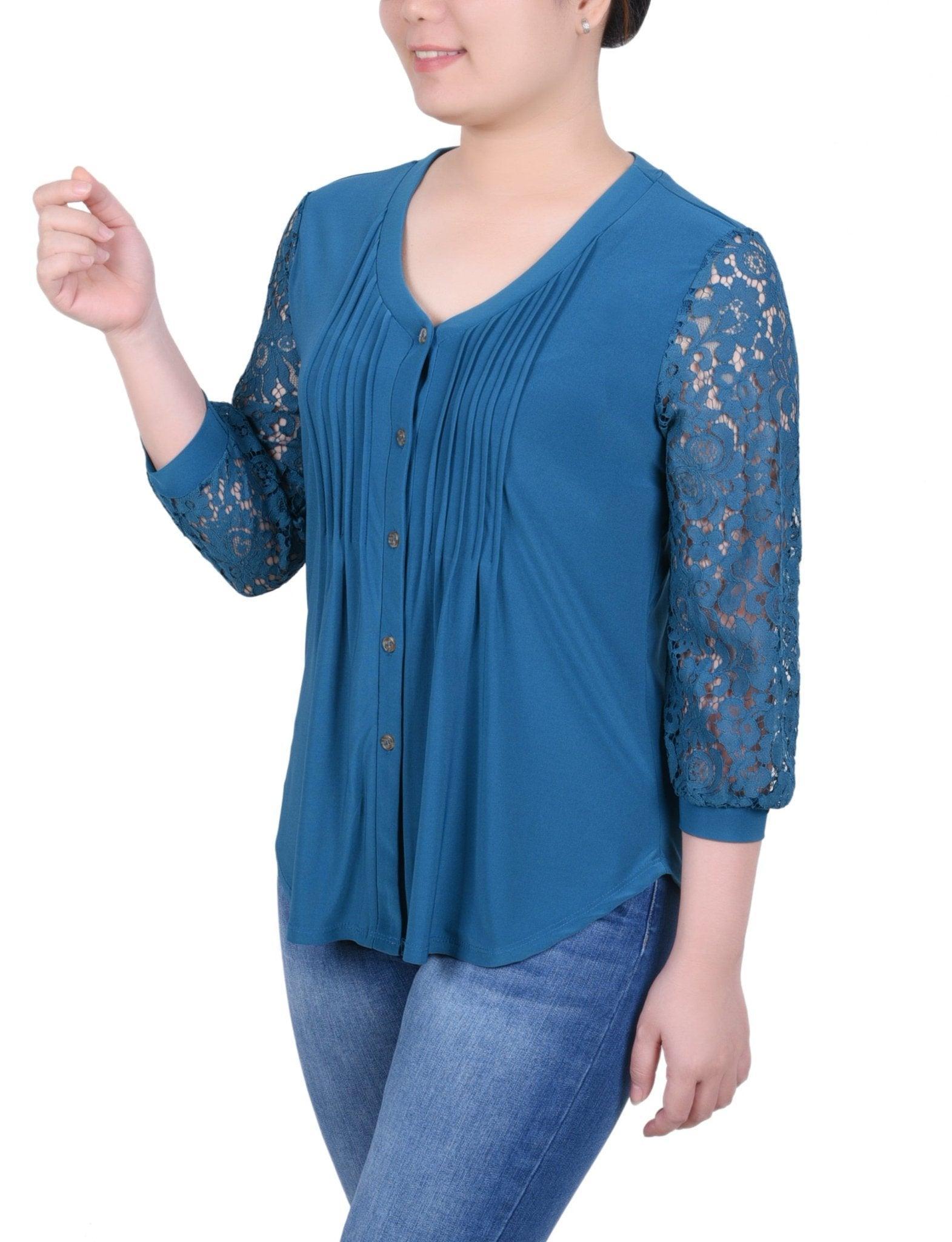 Lace-Sleeve V Neck Top - Petite Product Image