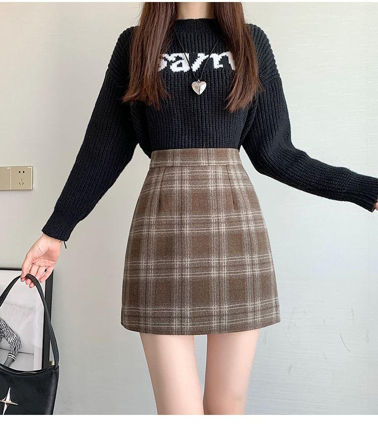 High Waist Plaid A-Line Mini Skirt Product Image