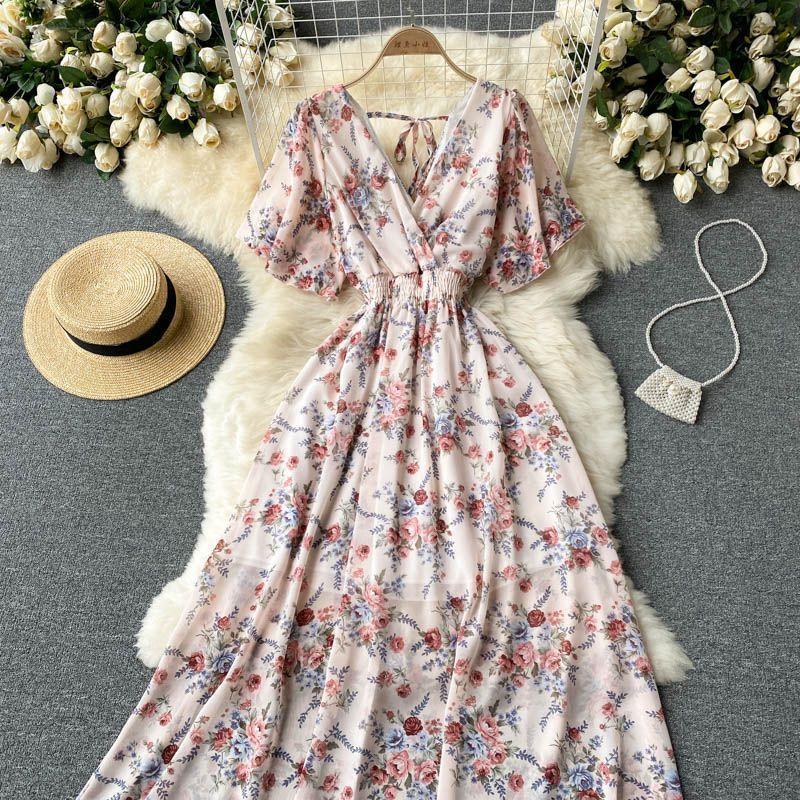 Short-Sleeve V-Neck Floral Midi A-Line Dress Product Image