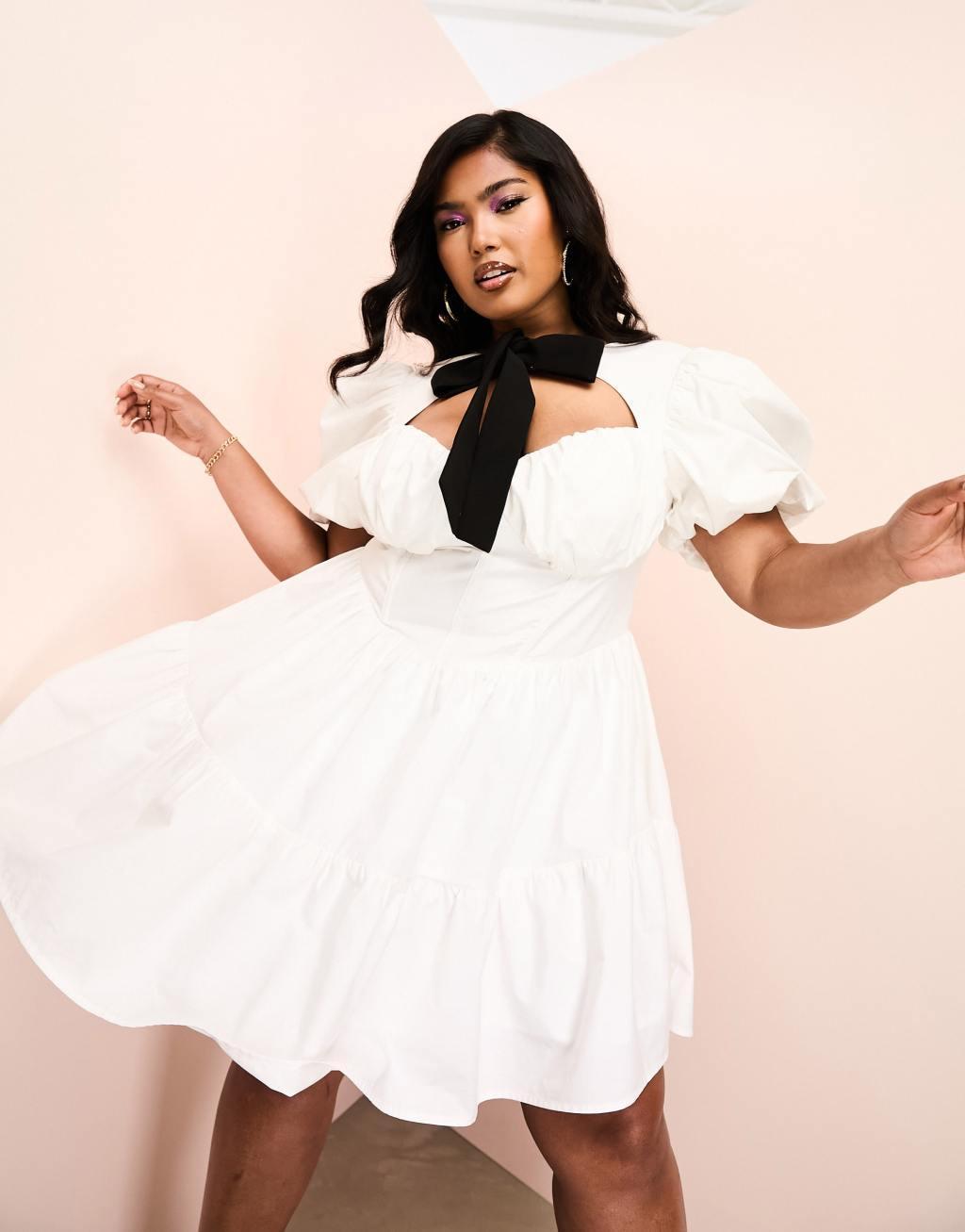 ASOS LUXE Curve corseted cotton poplin mini dress with contrast velvet pussybow and puff sleeve in white Product Image