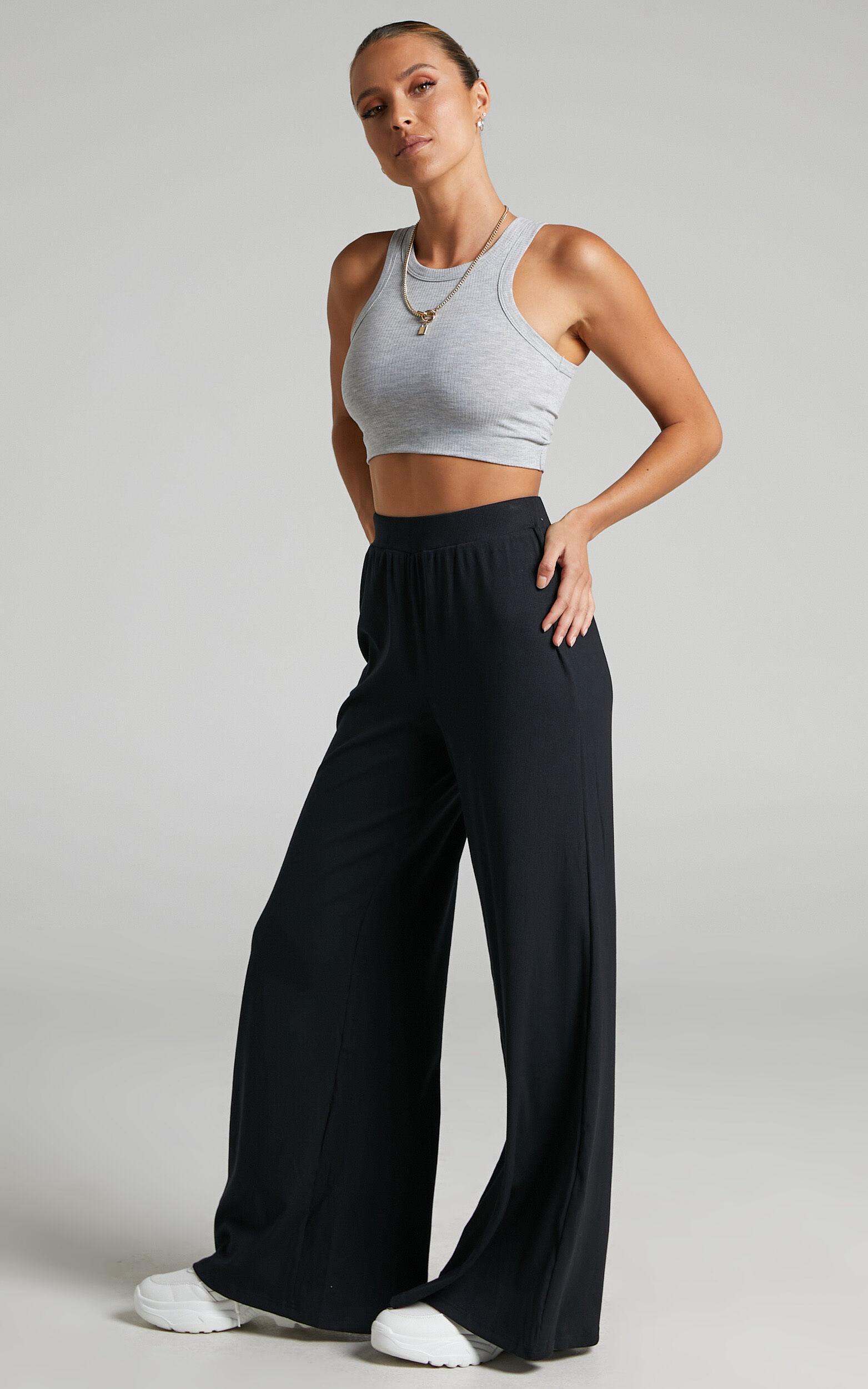 Amalthea Pants - High Waisted Jersey Rib Wide Leg Pants in Black Product Image