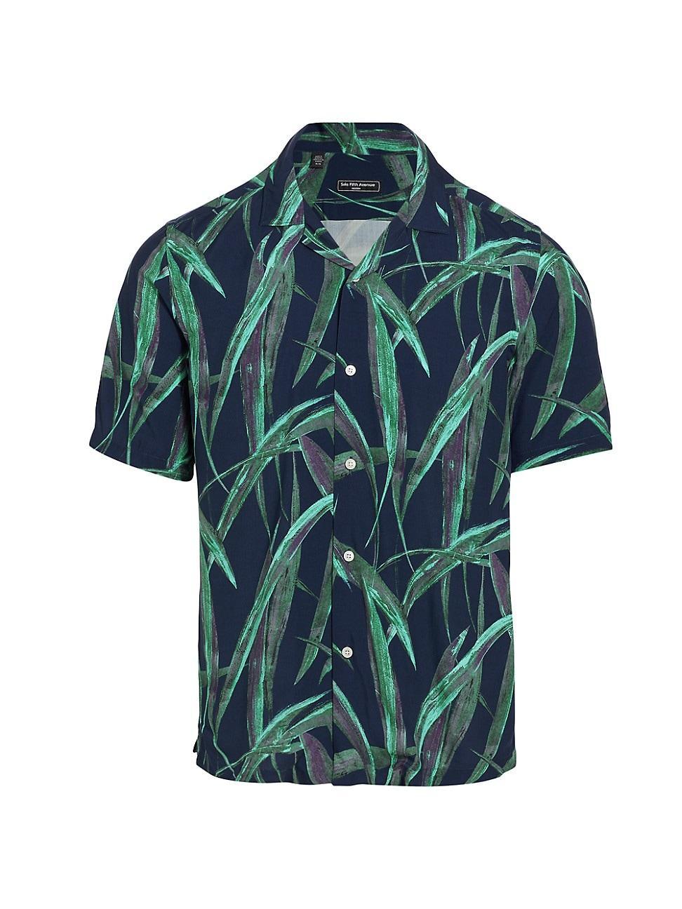 Mens Slim-Fit Leaf-Print Camp Shirt - Navy - Size XXL Product Image