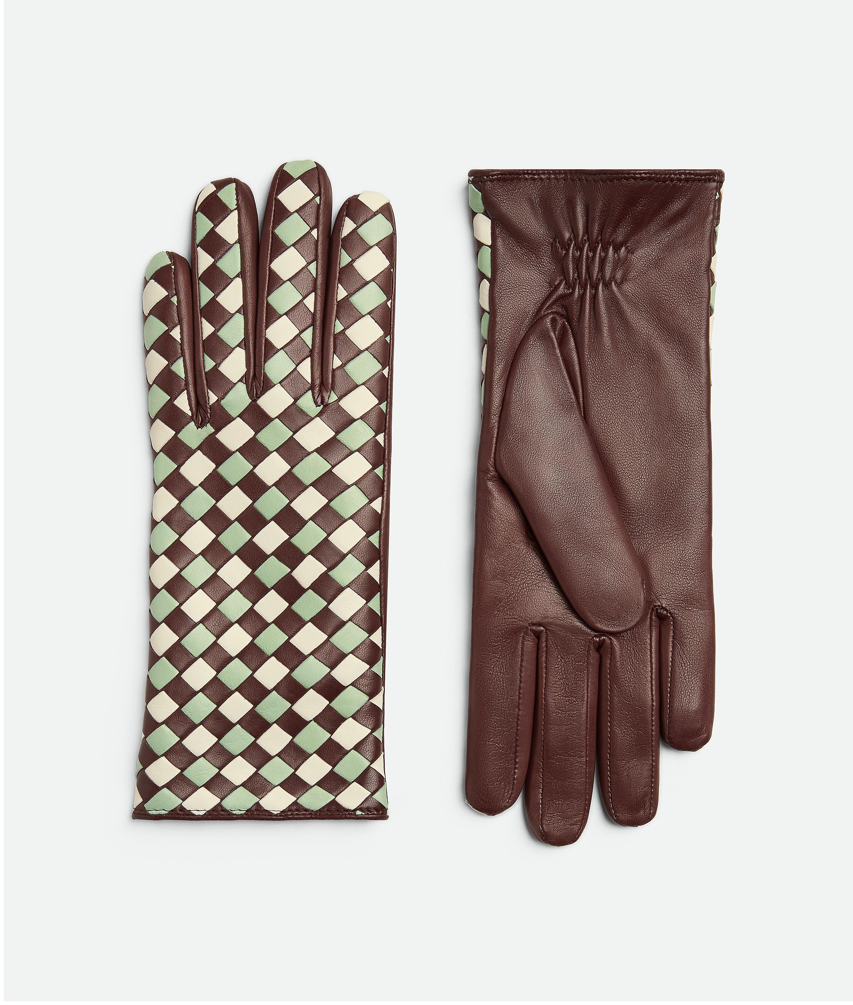 Women's Leather Bicolor Intrecciato Gloves in Boysenberry/sweet mint/white Product Image