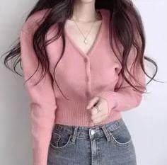 V-Neck Plain Crop Cardigan Product Image