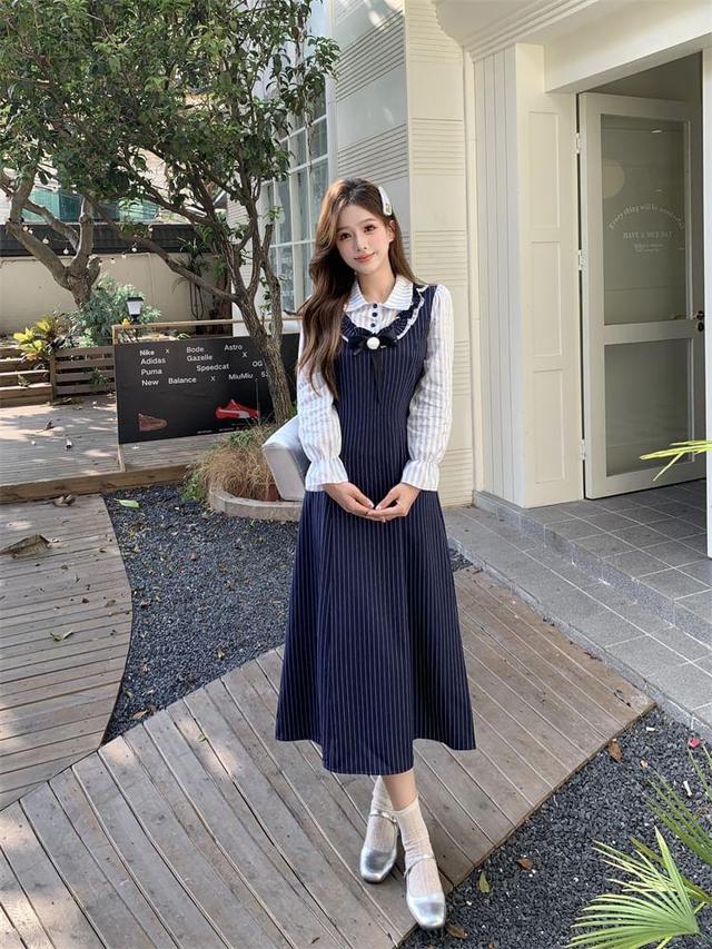 Mock Two-Piece Long-Sleeve Collar Striped Bow Midi A-Line Dress Product Image