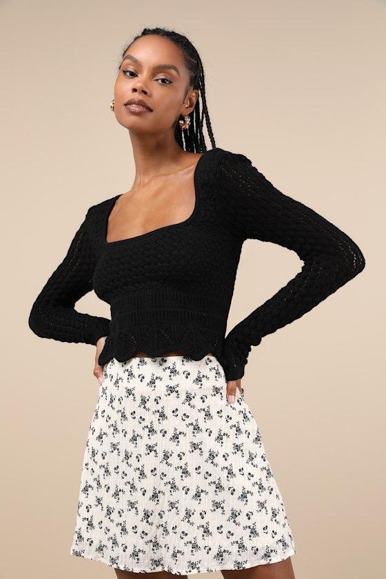 Lucky Cutie Black Crochet Long Sleeve Sweater Top Product Image