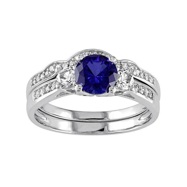 Stella Grace Lab-Created Blue & White Sapphire & 1/8 Carat T.W. Diamond 10k White Gold 3-Stone Engagement Ring Set, Womens Product Image