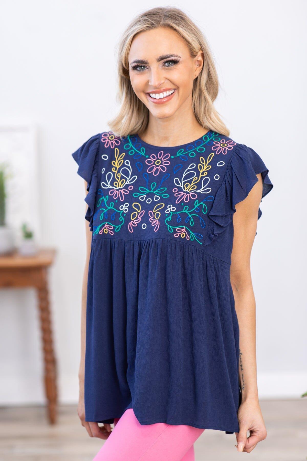 Navy Multicolor Floral Embroidered Top Product Image