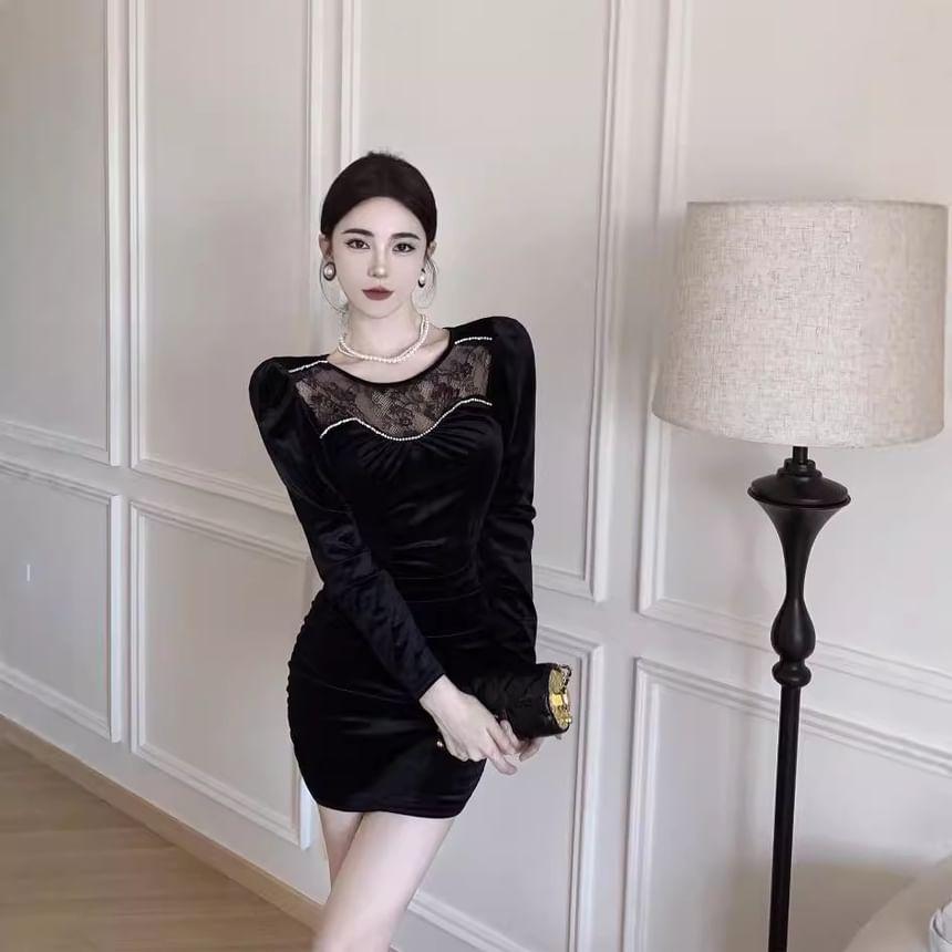 Long-Sleeve Round Neck Rhinestone Lace Panel Velvet Mini Sheath Dress Product Image