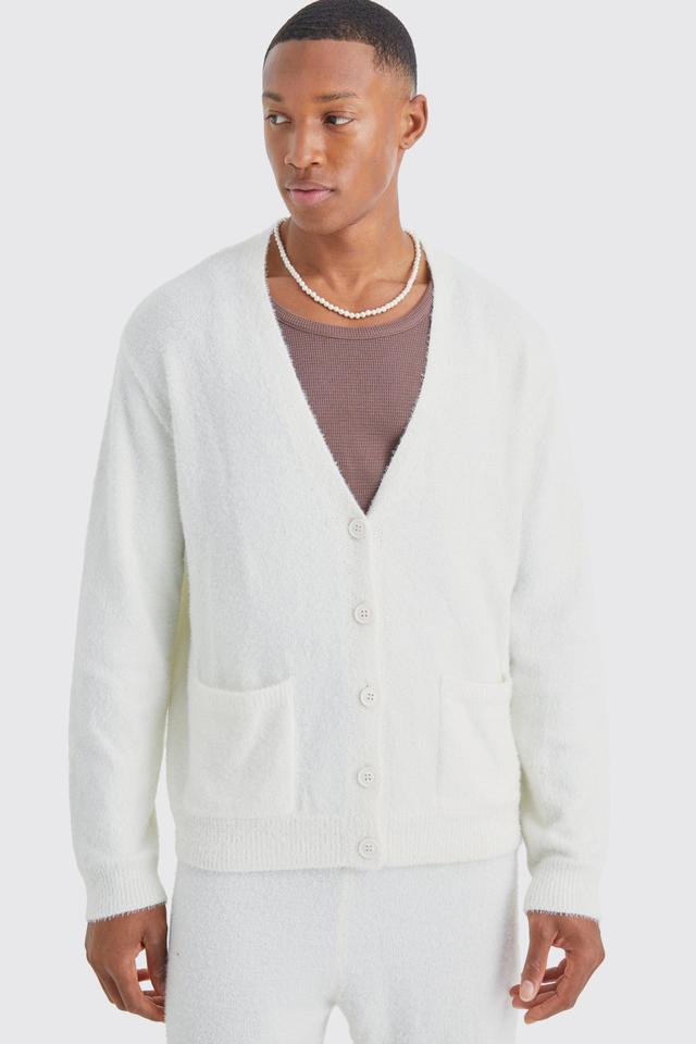 Boxy Fluffy Knitted Cardigan | boohooMAN USA Product Image