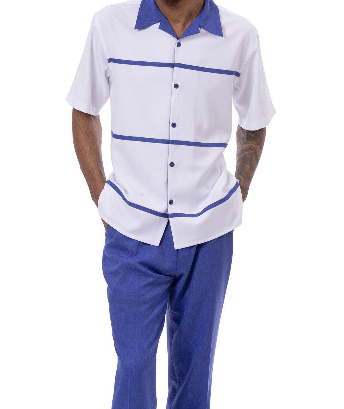 Royal Blue Horizontal Line Walking Suit 2 Piece Short Sleeve Set Product Image