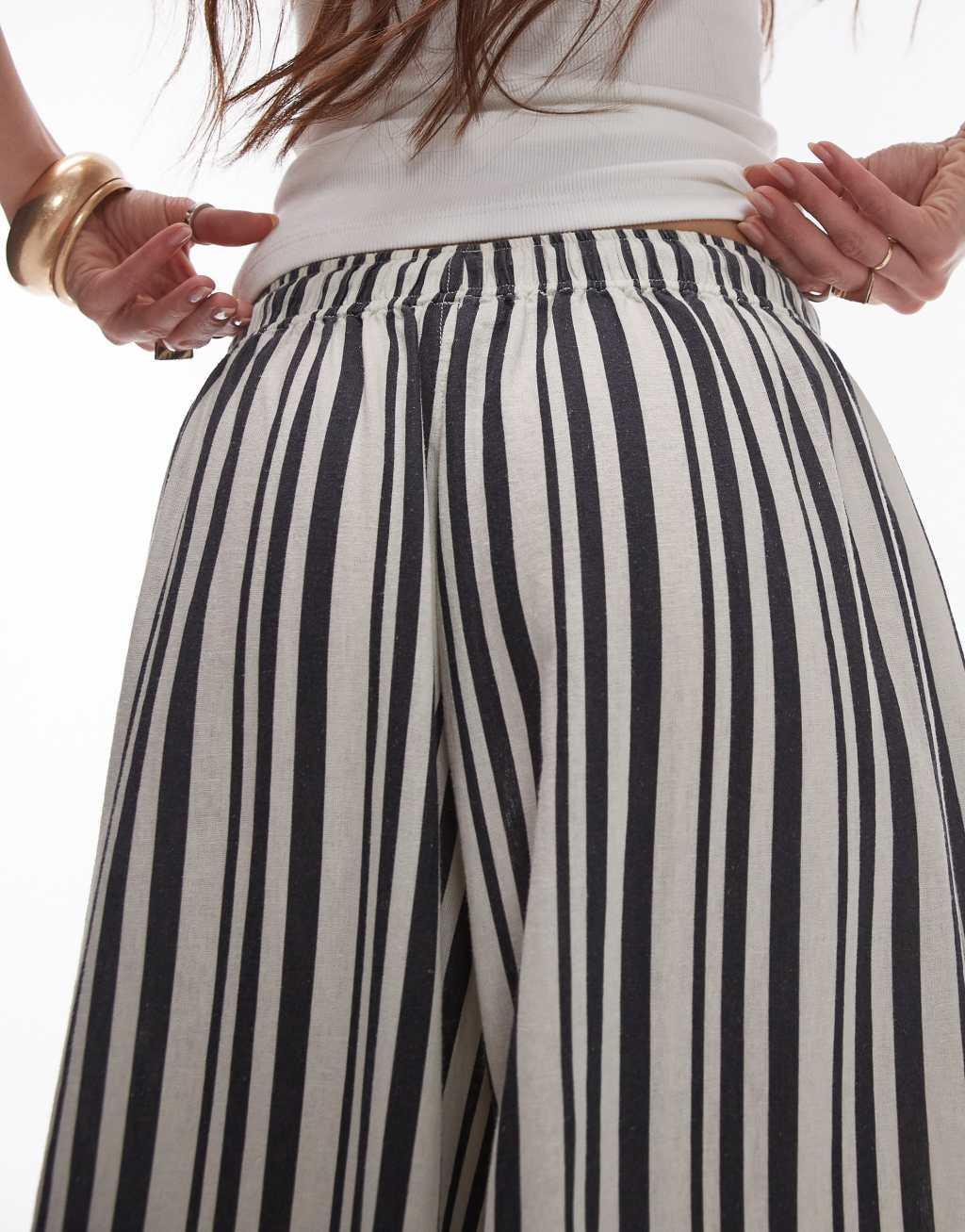 Topshop stripe linen wide leg pants in mono Product Image