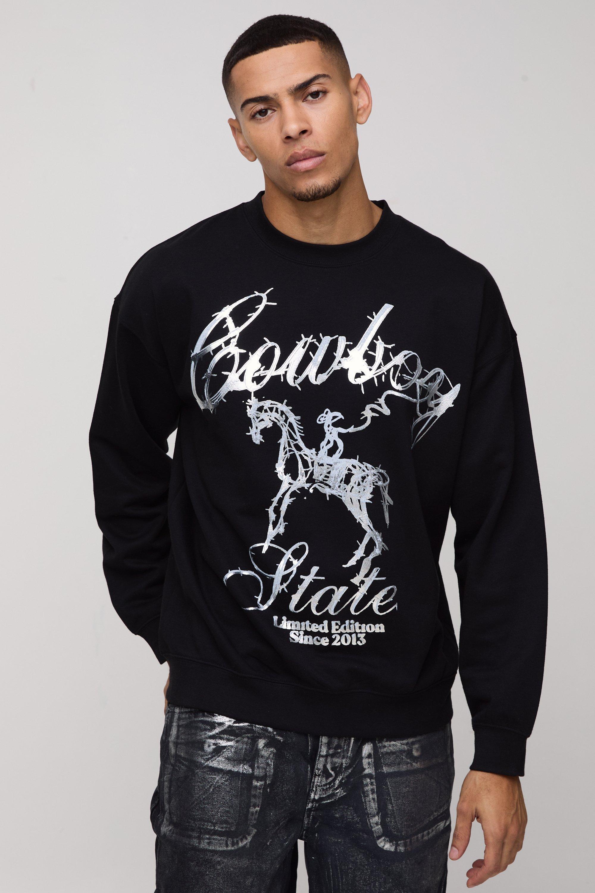 Oversized Western Metallic Graphic Sweatshirt | boohooMAN USA Product Image