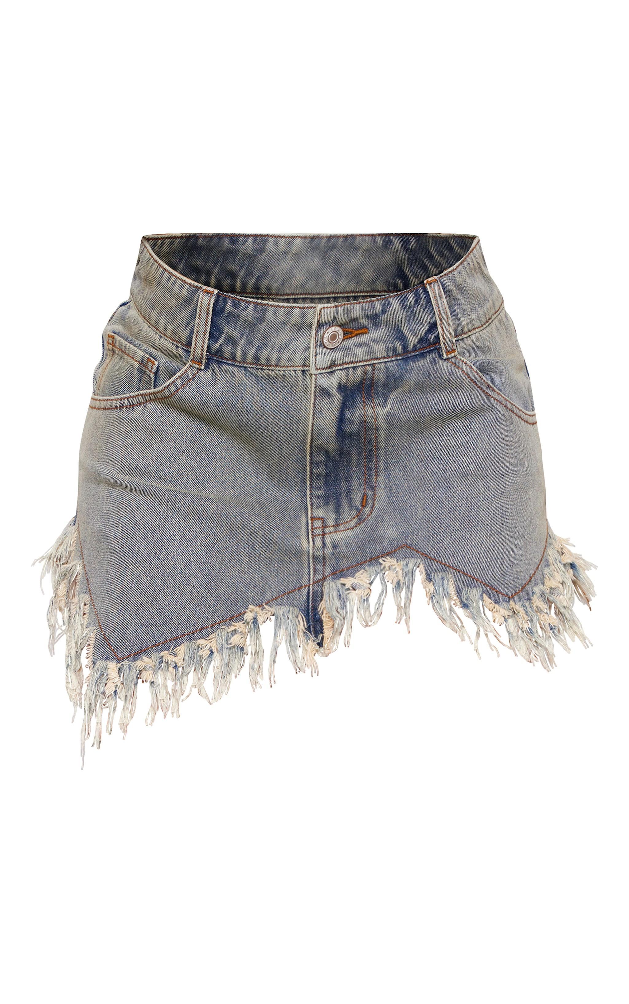 Vintage Frayed Asymmetric Detail Denim Micro Mini Skirt Product Image