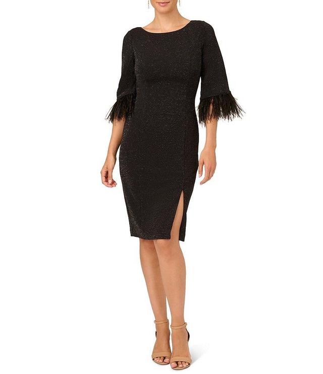 Adrianna Papell Bateau Neck Stretch Metallic Knit 3/4 Feather Trim Sleeve Dress Product Image