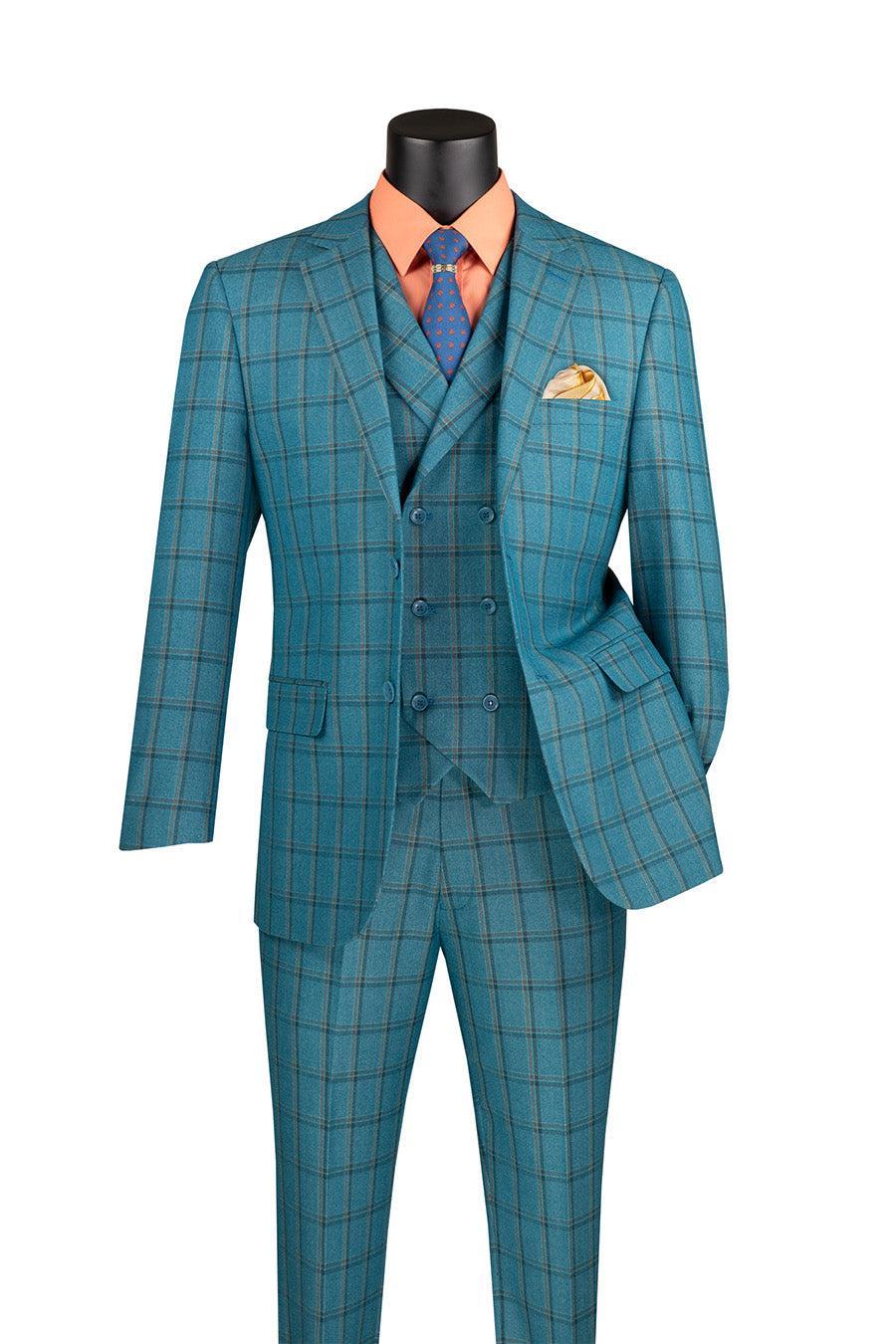 Lazio Collection - Modern Fit Windowpane Suit 3 Piece in Teal Blue Product Image