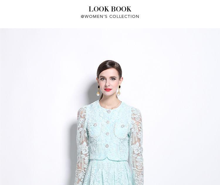 Set: Long Sleeve Crew Neck Plain Floral Embroidered Faux Pearl Button Mesh Top + High Rise Midi A-Line Skirt Product Image