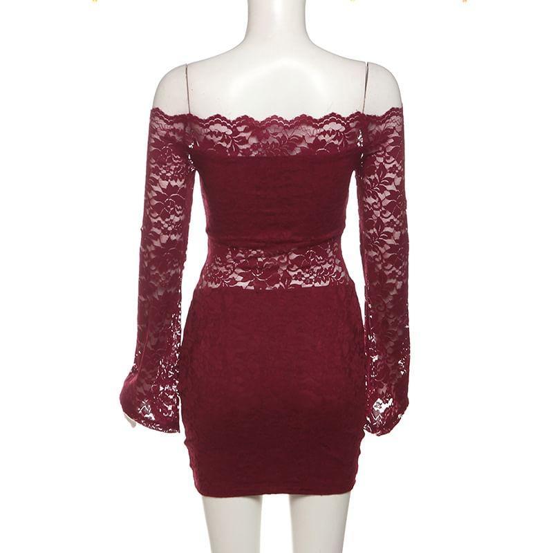 Off-The-Shoulder Long Sleeve Lace Bodycon Mini Dress Product Image