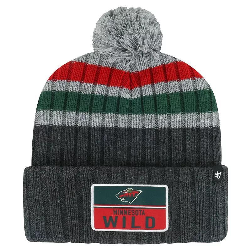 Mens 47 Gray Minnesota Wild Stack Patch Cuffed Knit Hat with Pom Product Image