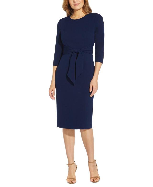 Adrianna Papell Stretch Crepe Crew Neck Tie Waist 34 Sleeve Midi Sheath Dress Product Image