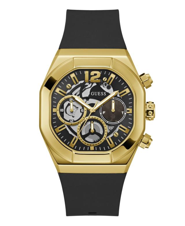 Guess Mens Multifunction Gold Square Case Black Silicone Strap Watch Product Image