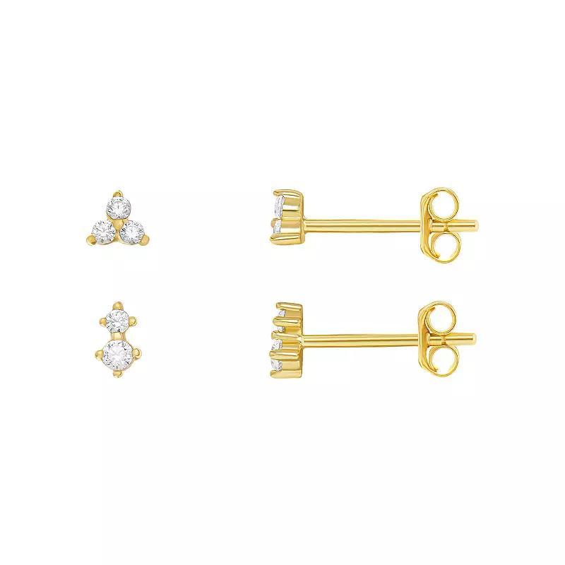 PRIMROSE 24k Gold over Sterling Silver Double Cubic Zirconia Stud Earrings & Triple Cubic Zirconia Stud Earrings Duo Set, Womens, White Product Image