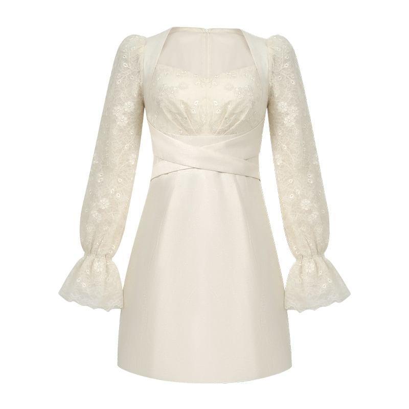 Long-Sleeve Lace Panel Mini A-Line Dress Product Image