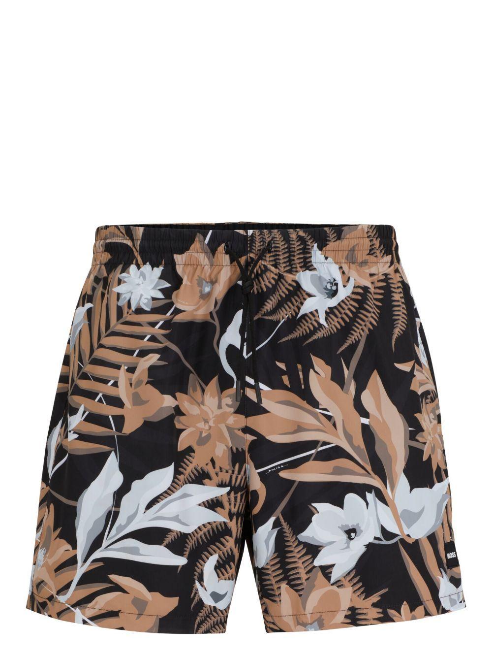 Tropical-print Quick-drying Swim Shorts With Logo Badge In Beige Product Image