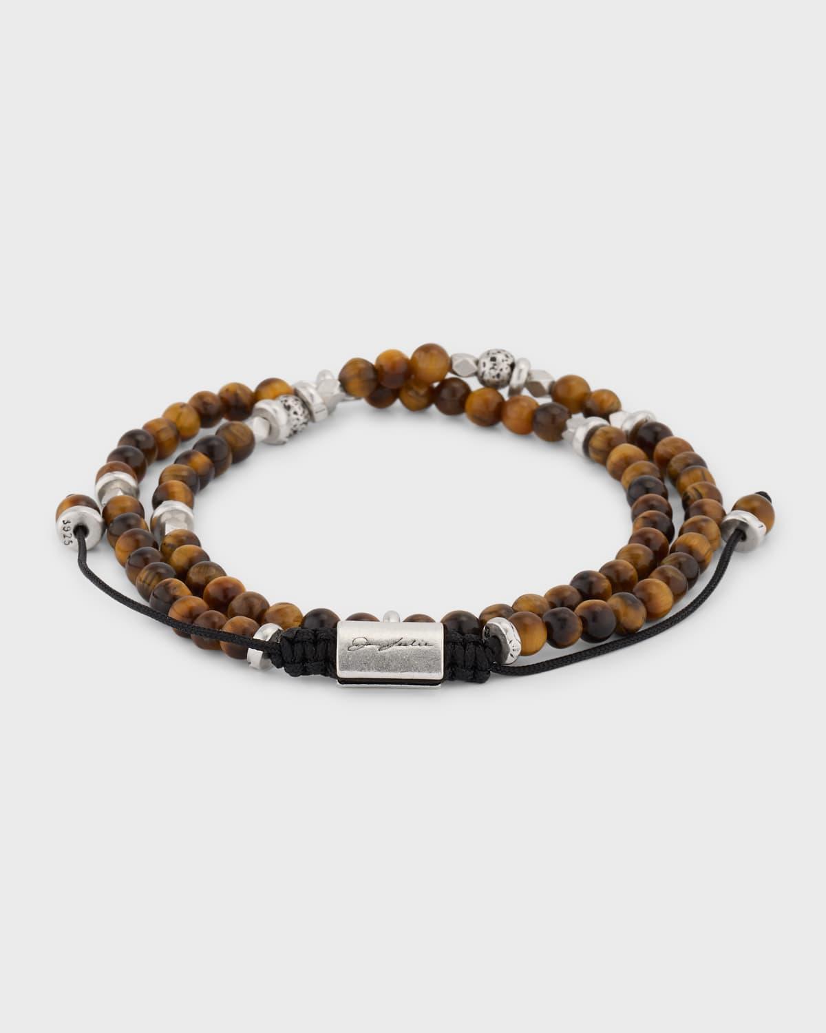 Mens Tigers Eye and Silver Double-Wrap Beaded Bracelet Product Image