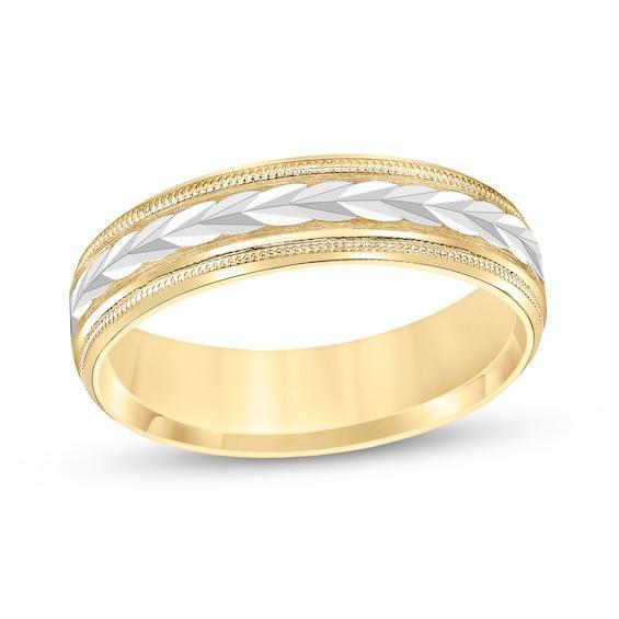 Men's 6.0mm Low Dome Carved Wedding Band in 10K Two-Tone Gold Product Image