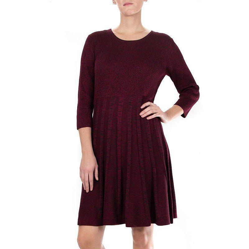 Womens Nina Leonard Pleated Skirt Fit & Flair Sweater Dress Dark Red Product Image