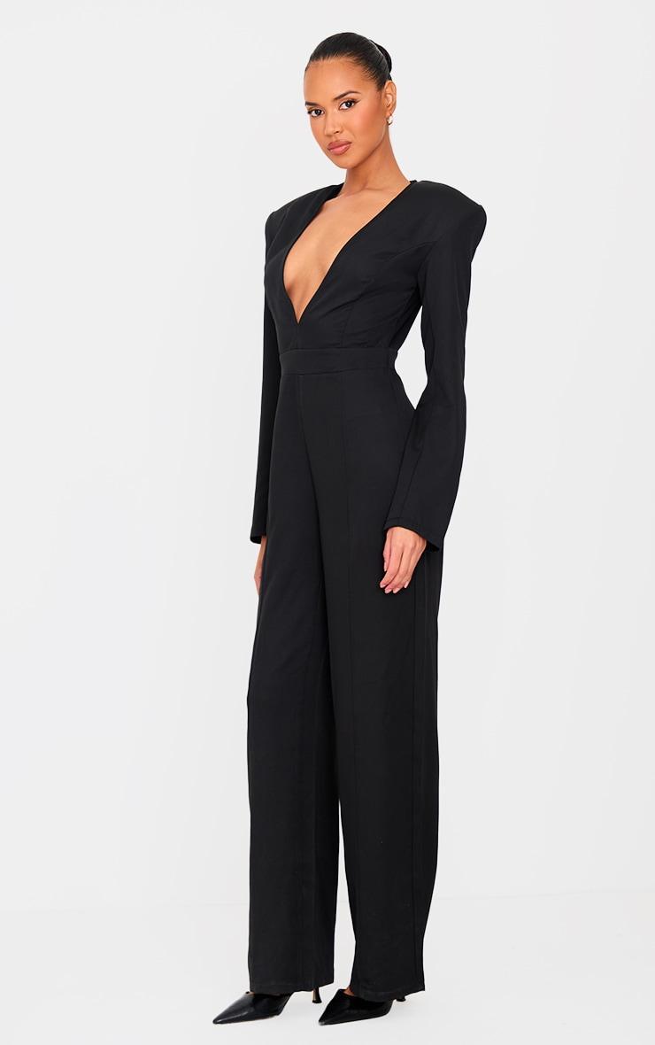 Black Woven Plunge Long Sleeve Straight Leg Jumpsuit Product Image