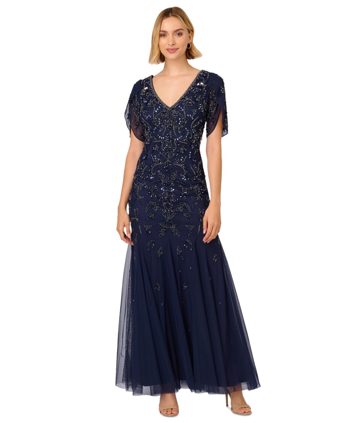 Adrianna Papell Beaded V-Neck 34 Petal Sleeve Mermaid Gown Product Image