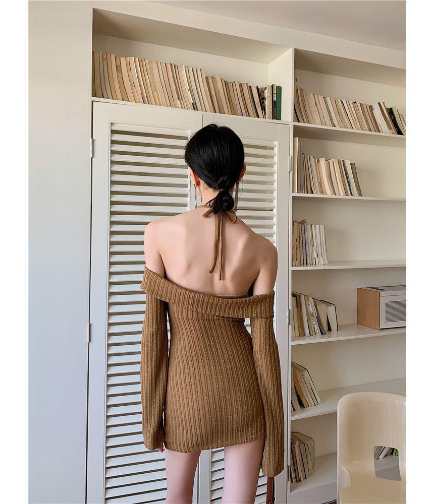 Long-Sleeve Cold-Shoulder Plain Ribbed Knit Mini Sheath Dress Product Image