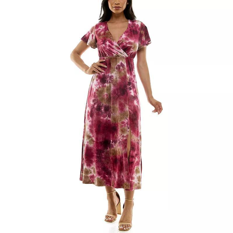 Womens Nina Leonard Tie Dye Print Flutter Sleeve V-Neck Maxi Dress Olive Green Wine Product Image