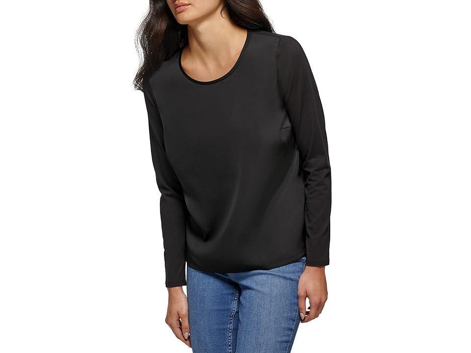 Calvin Klein Long Sleeve Mix Media Crew (Black) Women's Clothing Product Image