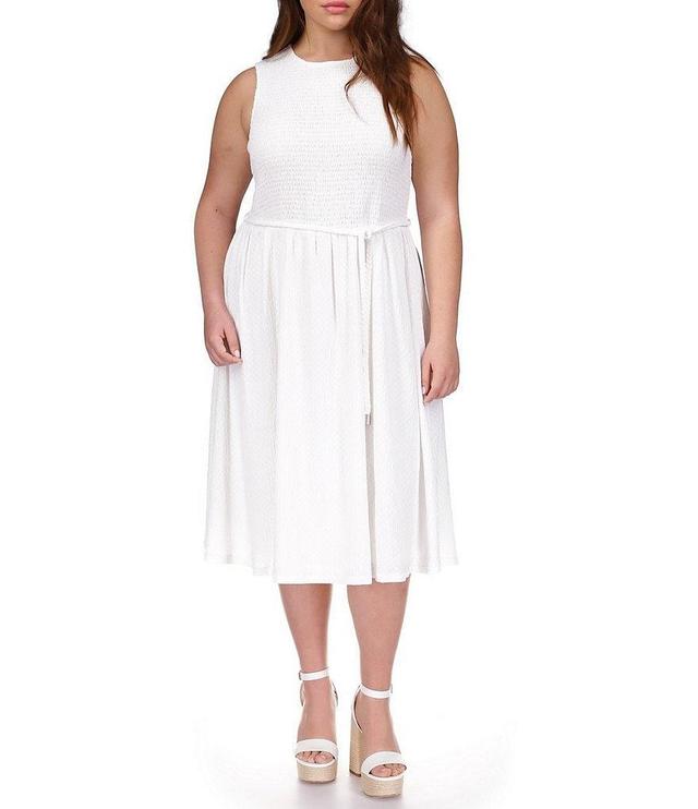 Michael Kors Plus Size Crew Neck Sleeveless Tie Waist Midi A-Line Dress Product Image