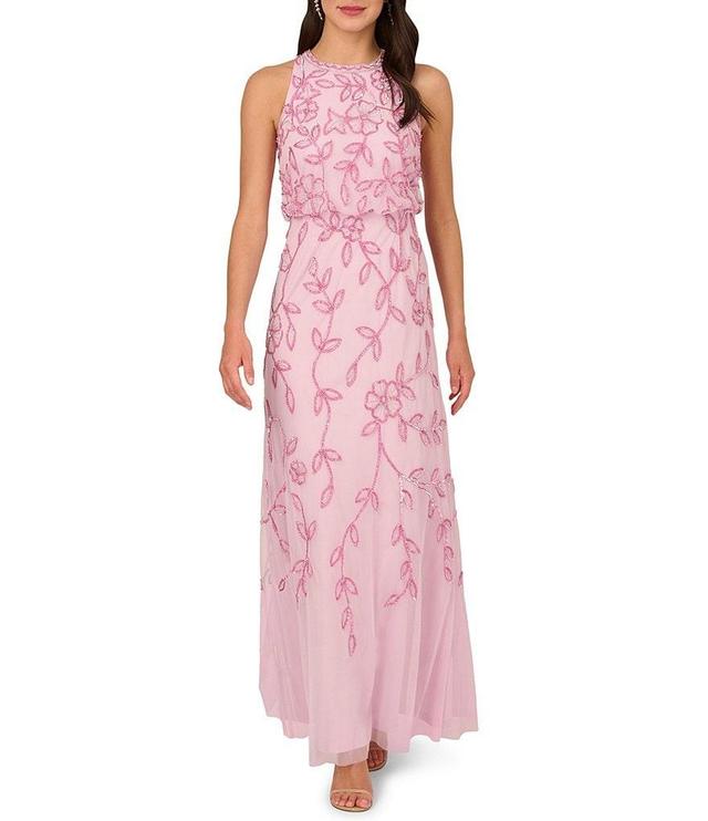 Adrianna Papell Beaded Halter Neckline Sleeveless Blouson Gown Product Image