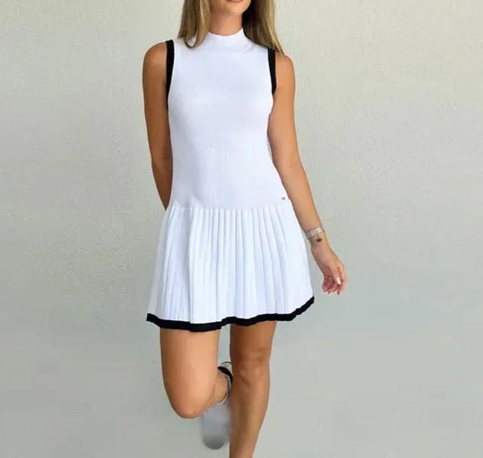 Sleeveless Contrast-Trim Knitted Slim-Fit Mini A-Line Dress Product Image