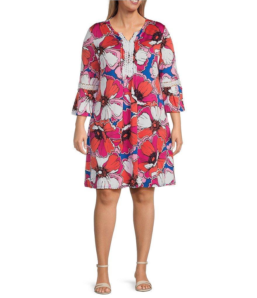 Ruby Rd. Plus Size Allover Floral Print Lace Trim Detail Detail Split Neck 3/4 Bell Sleeve Dress Product Image