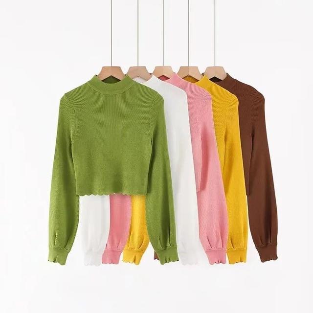 Mock Neck Plain Ribbed Crop Sweater Product Image