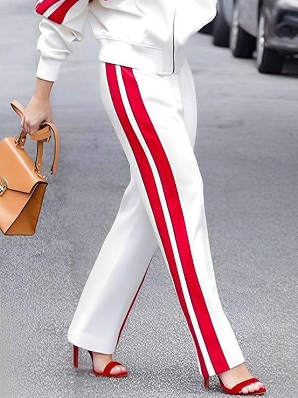 Loose Straight Leg Contrast Color Split-Joint Striped Pants Trousers Product Image