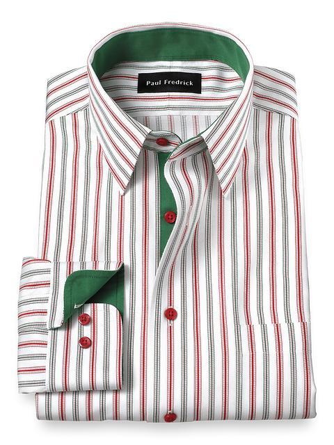 Non-Iron Cotton Stripe Dress Shirt With Contrast Trim - Red/green Product Image