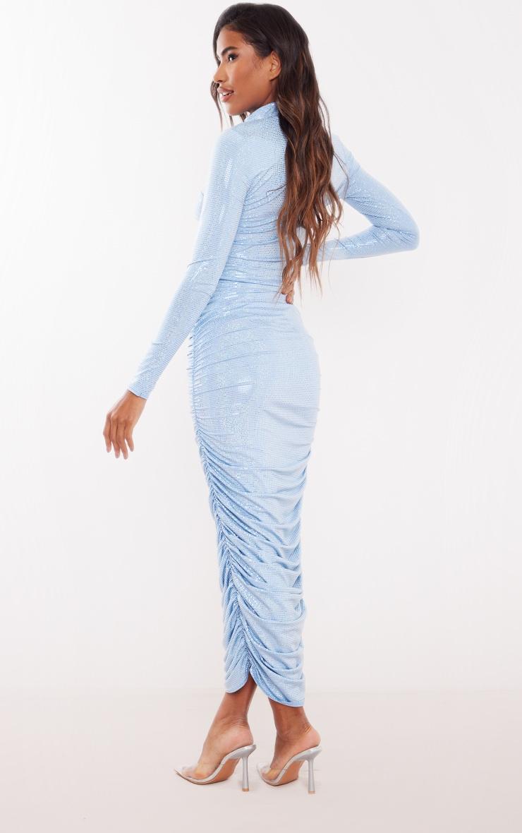 Blue Glitter High Neck Ruched Long Sleeve Midaxi Dress Product Image